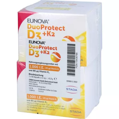 EUNOVA DuoProtect D3+K2 1.000 IU/80 μg kombinacija kapsula, 2X90 kom